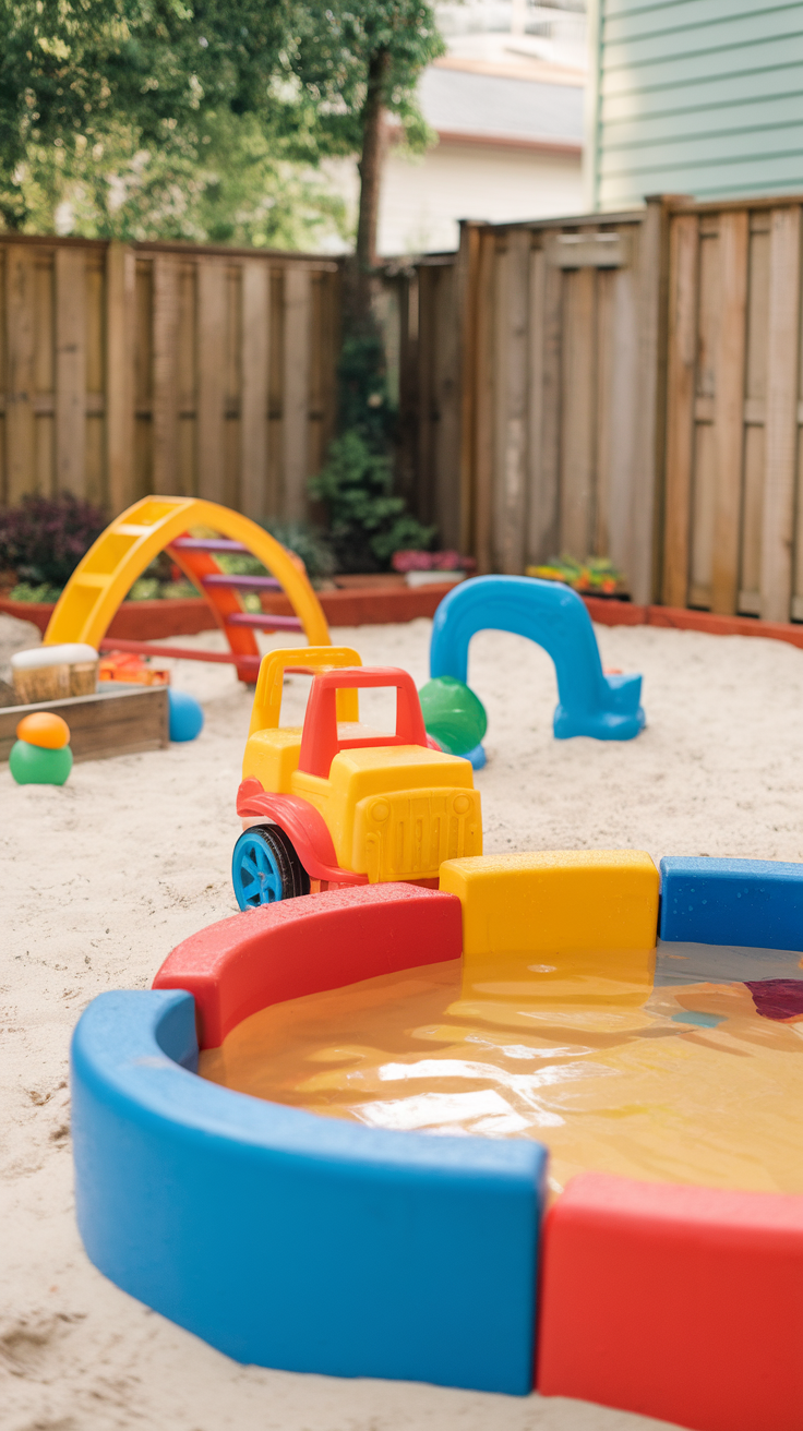 Children playing in a sandbox and water play area, enjoying toys and water features.