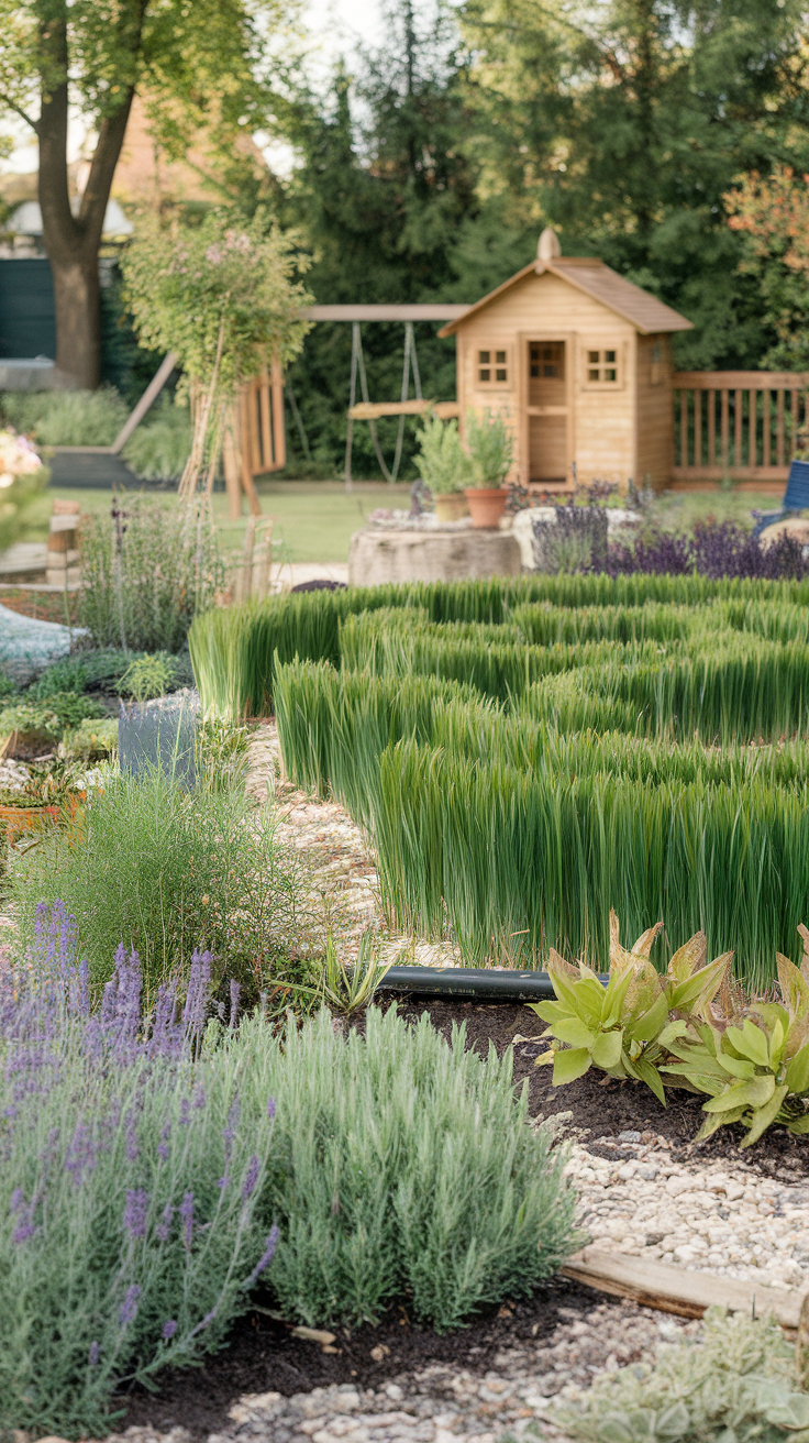 A sensory garden with lush green plants, lavender, and a wooden playhouse in the background.