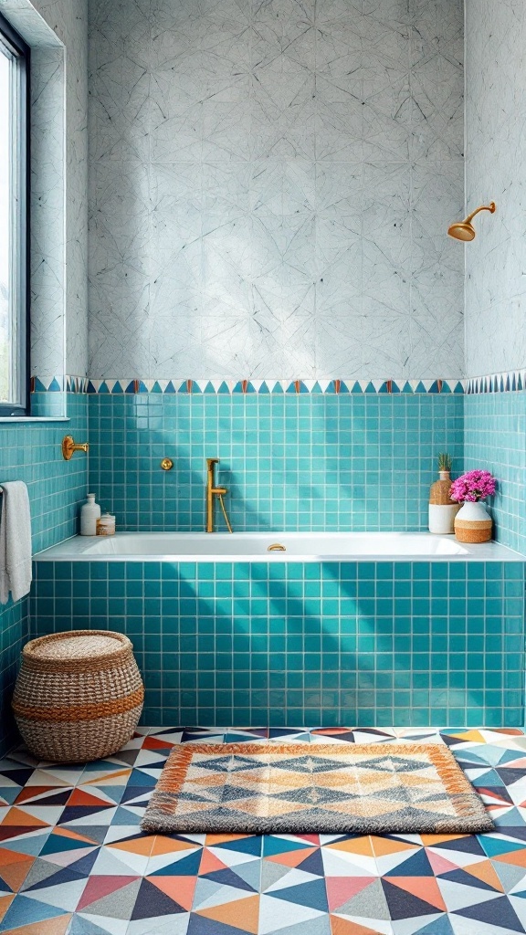 A stylish bathroom featuring bold geometric tile patterns in turquoise and colorful geometric designs on the floor.