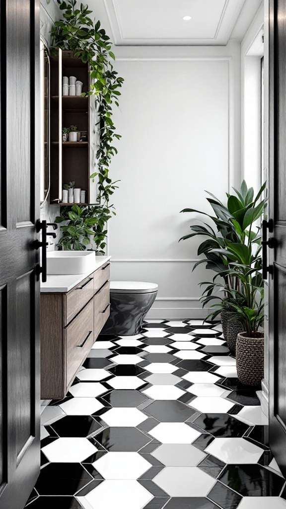 Bathroom featuring bold black and white hexagon tile flooring, modern cabinetry, and plants.