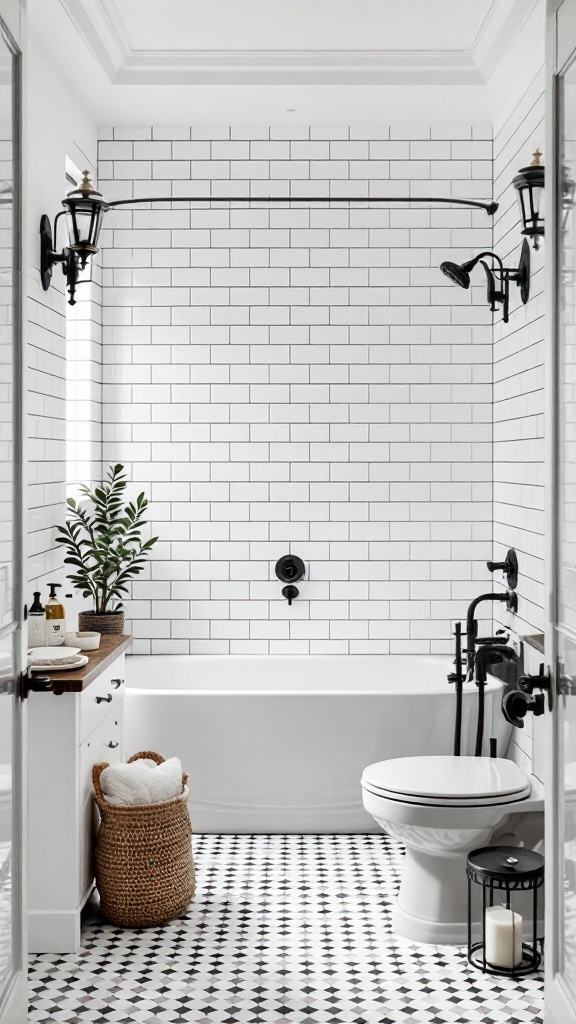 A bright bathroom featuring classic white subway tiles, black fixtures, a bathtub, and stylish decor.