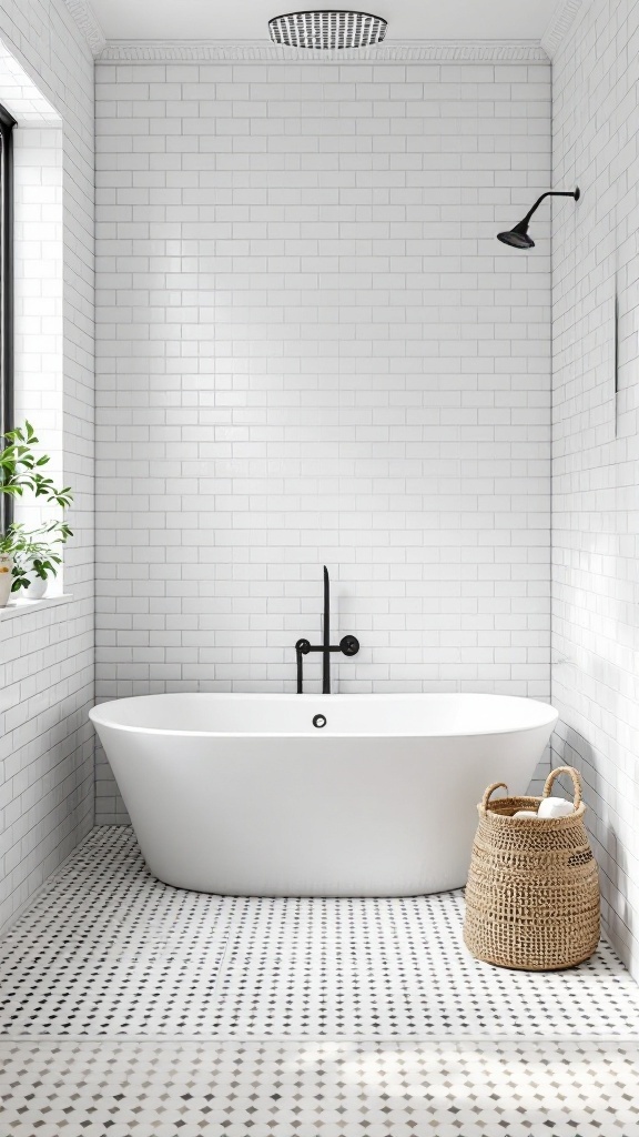 Bathroom with classic white subway tiles, freestanding tub, and black fixtures