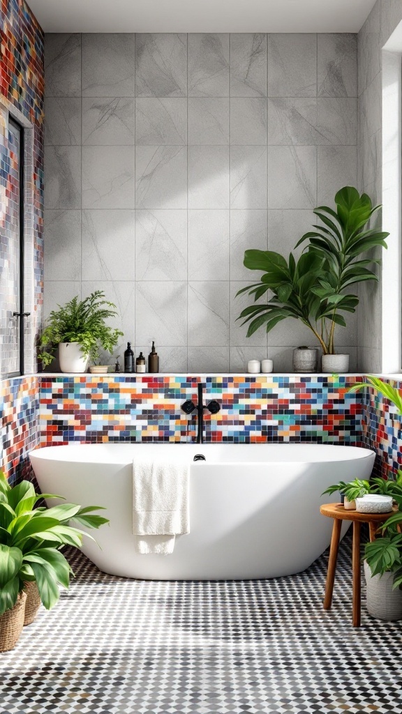 A bright bathroom featuring a white tub surrounded by colorful mosaic tiles and plants.