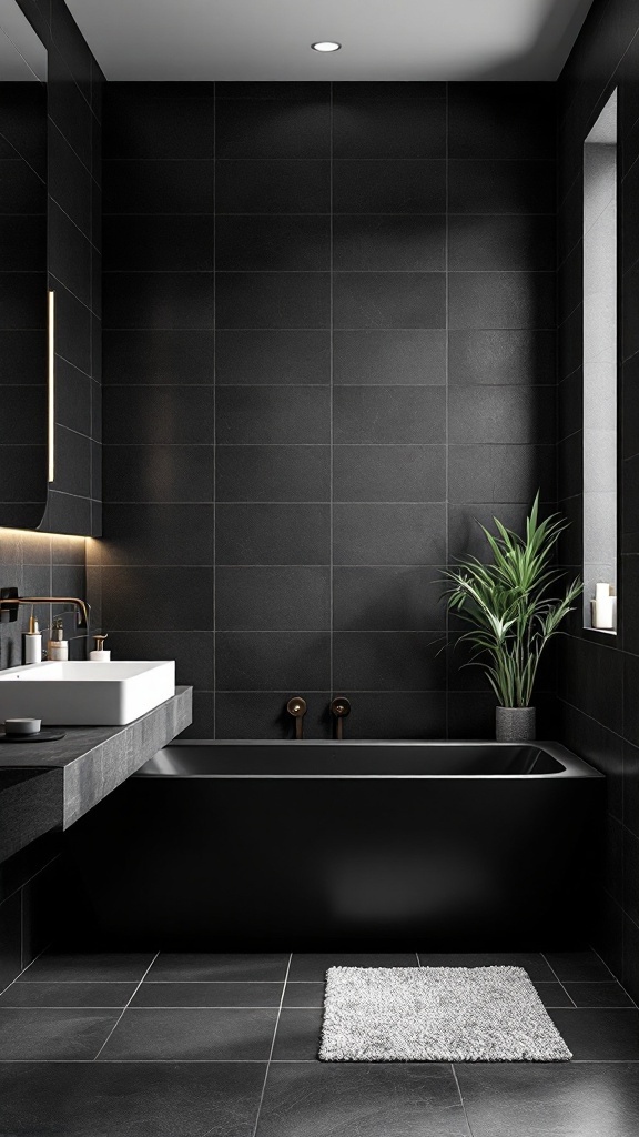 A modern bathroom featuring dark matte tiles and a sleek black bathtub.