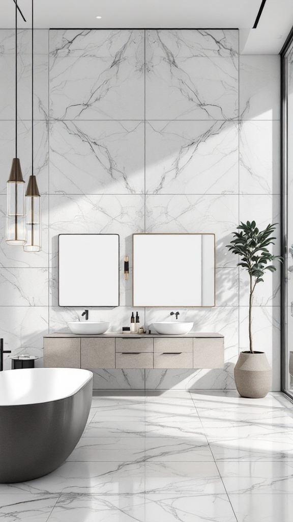 A modern bathroom featuring large format marble tiles, a sleek black bathtub, and a minimalist vanity.