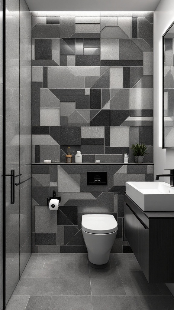 A modern bathroom featuring a geometric accent wall with black, gray, and white tiles.