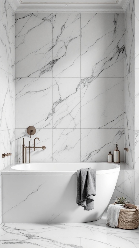 A modern bathroom featuring marble effect porcelain tiles on walls and floor, with a freestanding tub and brass fixtures.