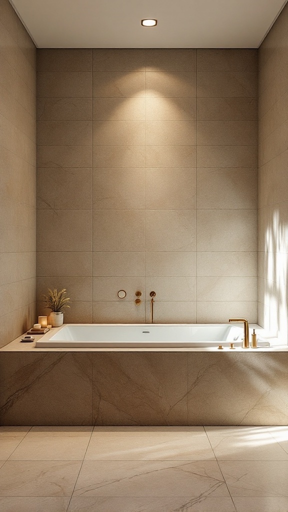 A modern bathroom featuring a bathtub surrounded by natural stone tiles on the walls and floor.