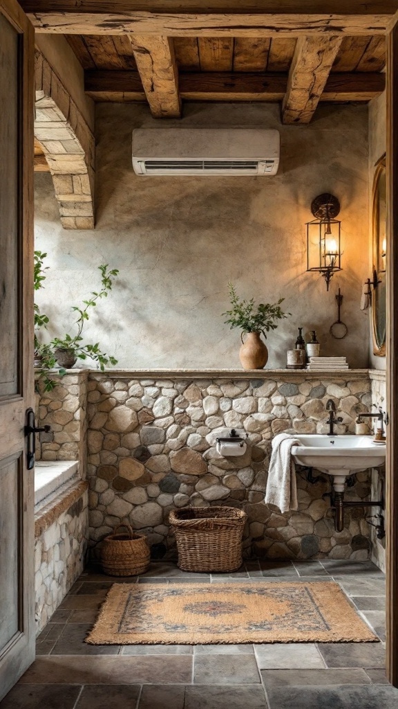 A rustic bathroom with stone tiles, wooden beams, and natural decor elements.