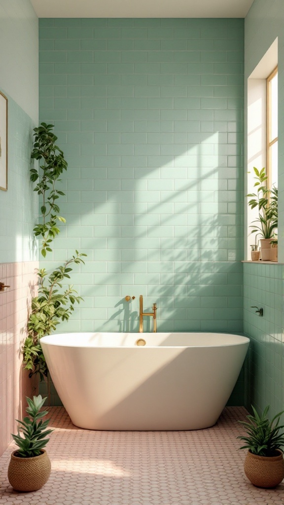 A bathroom featuring mint green wall tiles, light pink hexagonal floor tiles, a white bathtub, and potted plants.