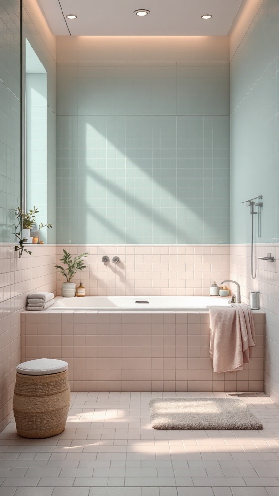 Bathroom with pastel green and pink tiles, a white tub, and natural decor elements.