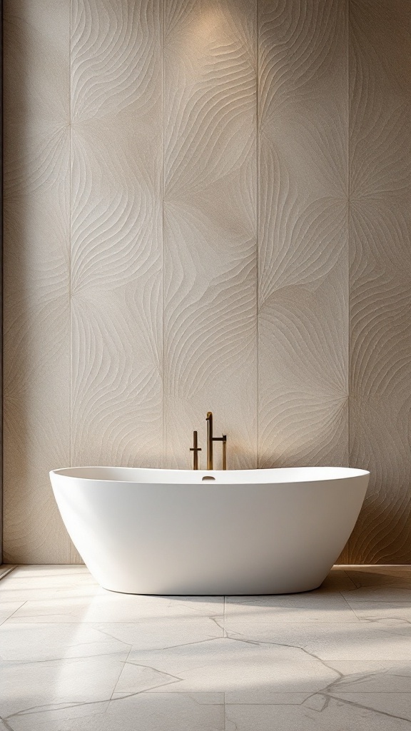 Stylish bathroom featuring textured 3D tiles and a modern freestanding bathtub