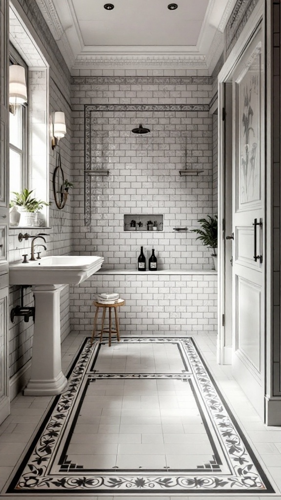 A stylish bathroom featuring white subway tiles with a decorative black and white border tile design.