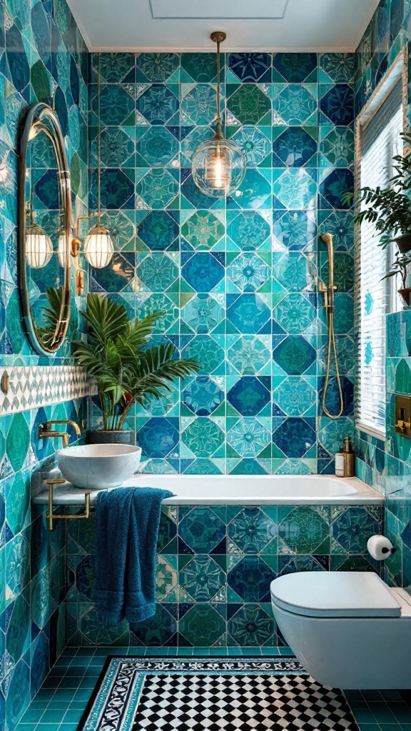 A vibrant bathroom featuring mosaic tile designs in blue and green shades, with a white sink, gold fixtures, and a black and white patterned floor.