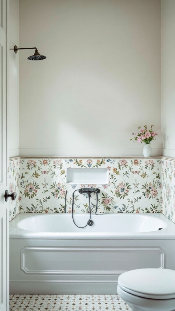A vintage bathroom featuring floral tile designs around a white bathtub, complemented by a small flower arrangement.