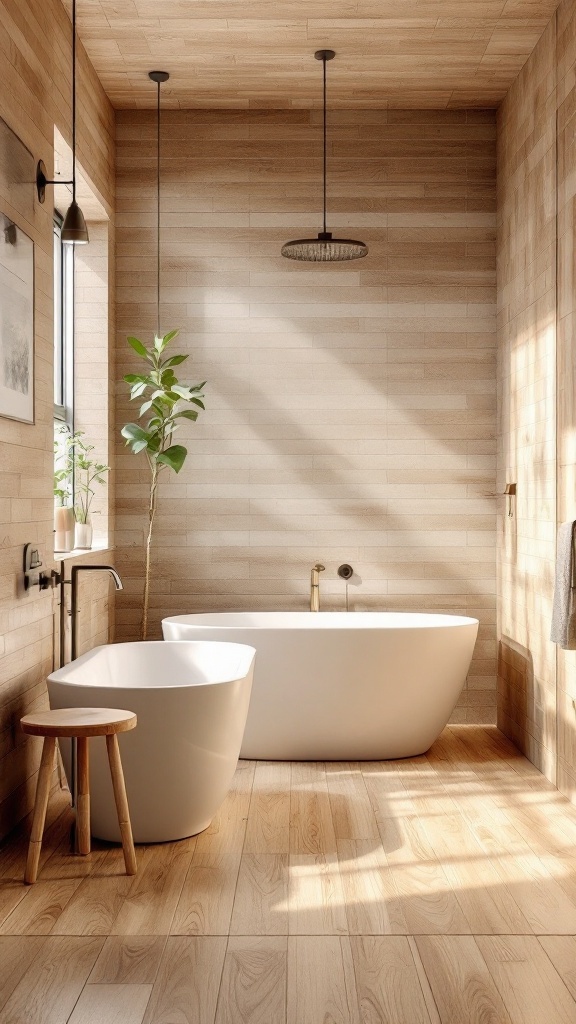 A cozy bathroom featuring warm wood-look ceramic tiles, a freestanding tub, and natural light.