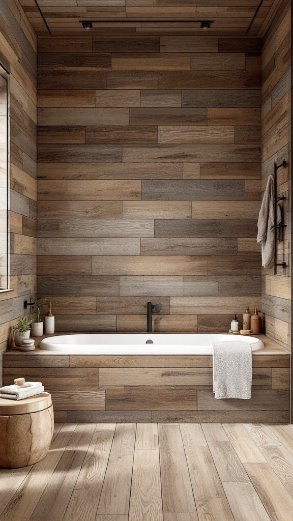 A bathroom featuring wood-look ceramic tiles on walls and floor with a white bathtub