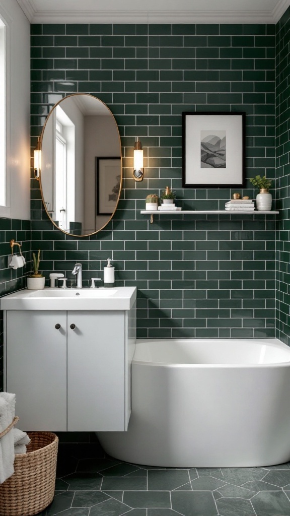 A bathroom featuring bold dark green subway tiles, modern sink, round mirror, and decorative elements.