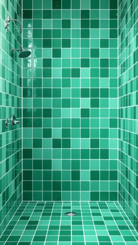 A bathroom shower space with vibrant green tiles and contrasting white grout lines.