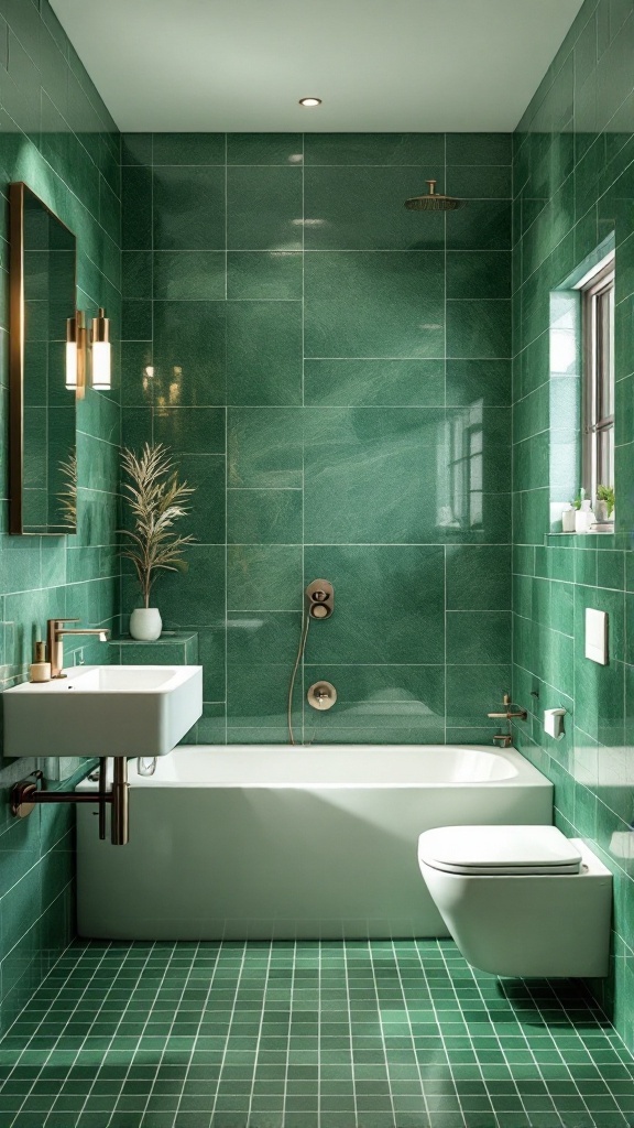 A modern bathroom with green tiles, featuring a bathtub, sink, and stylish fixtures.