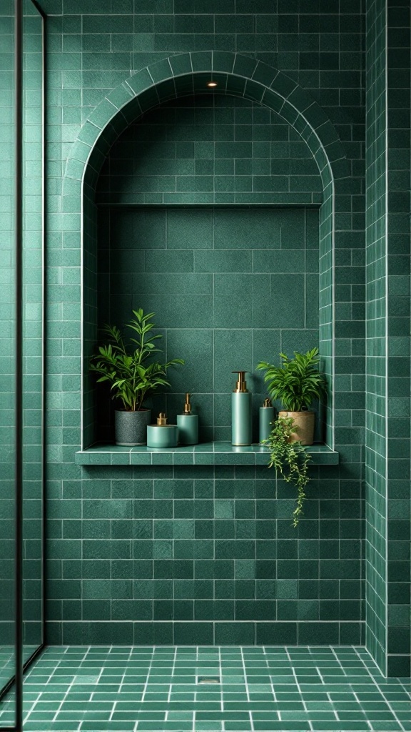 A green tile shower niche featuring an arch design, plants, and gold accents.