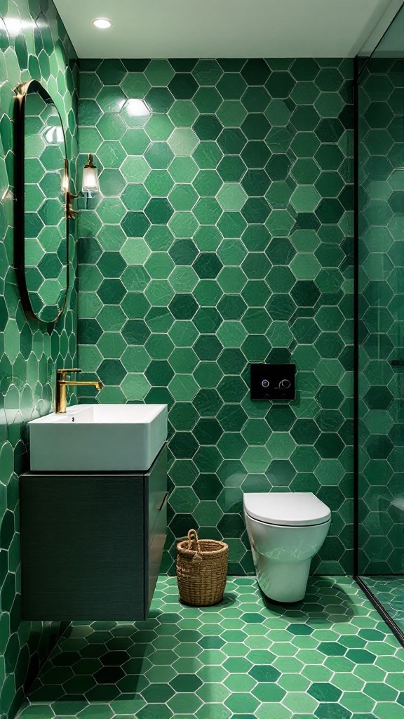 Bathroom featuring lush green hexagon tiles on the walls and floor, modern sink, and stylish lighting.