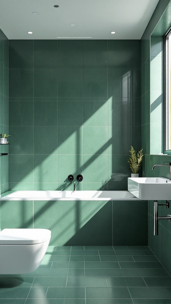 A sleek minimalist bathroom featuring deep green tiles on the walls and floor, a white bathtub, and natural light coming through a large window.