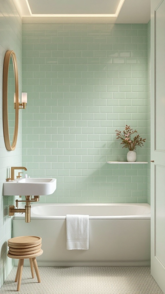 A bathroom featuring soft pastel green wall tiles, a modern sink, round mirror, and warm lighting.