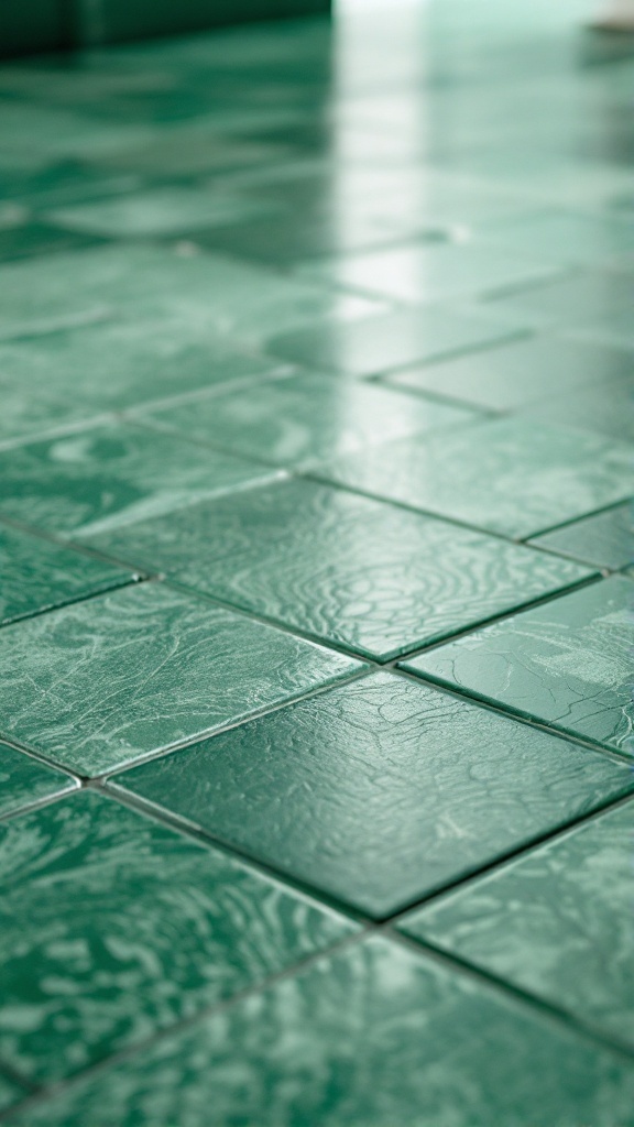 Close-up view of textured green bathroom floor tiles