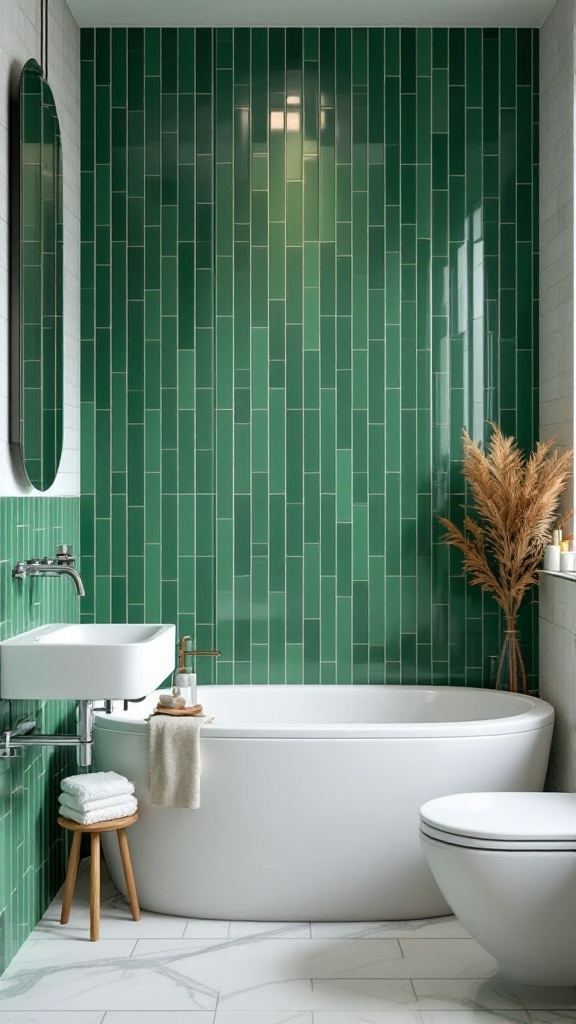 Bathroom featuring vibrant green vertical tiles, white freestanding tub, and modern fixtures.