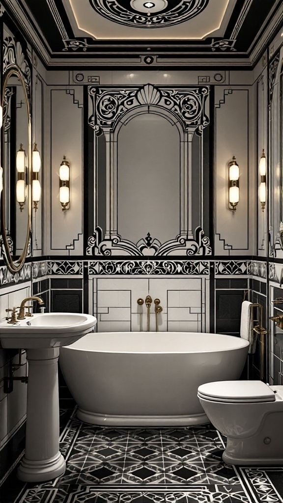 Art Deco inspired black and white bathroom with geometric tiles and elegant fixtures