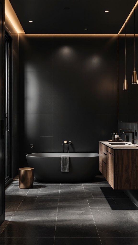 A modern bathroom featuring a bold black and brown color scheme with a sleek black bathtub, wooden vanity, and warm lighting.