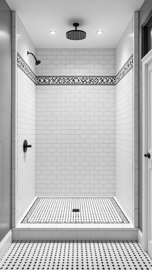 A sleek black and white bathroom with patterned border tiles and subway tiles in the shower area.