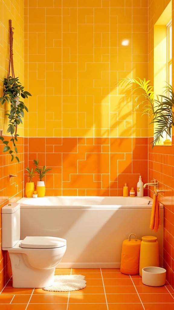A bright and cheerful bathroom with yellow and orange tiles, featuring a bathtub and plants.