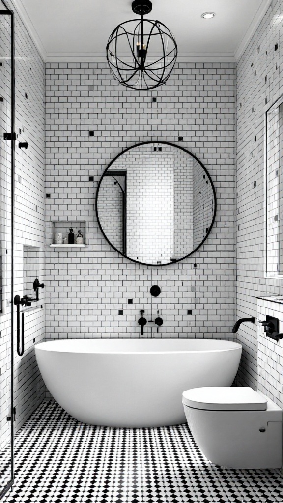 A stylish bathroom featuring black and white wall and floor tiles, a round mirror, and modern fixtures.