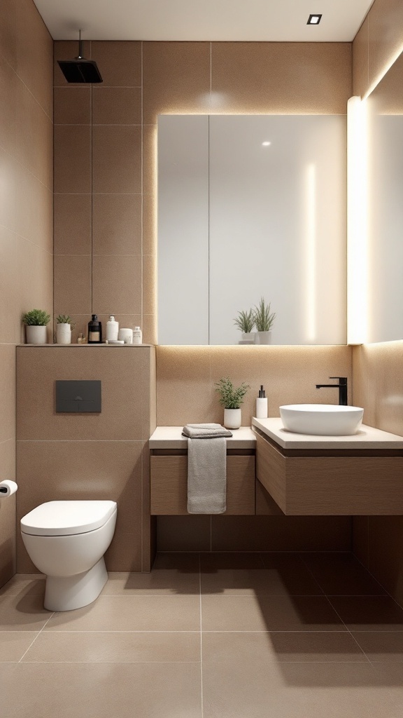 A modern bathroom showcasing a blend of brown tiles and white fixtures, with greenery for a fresh touch.