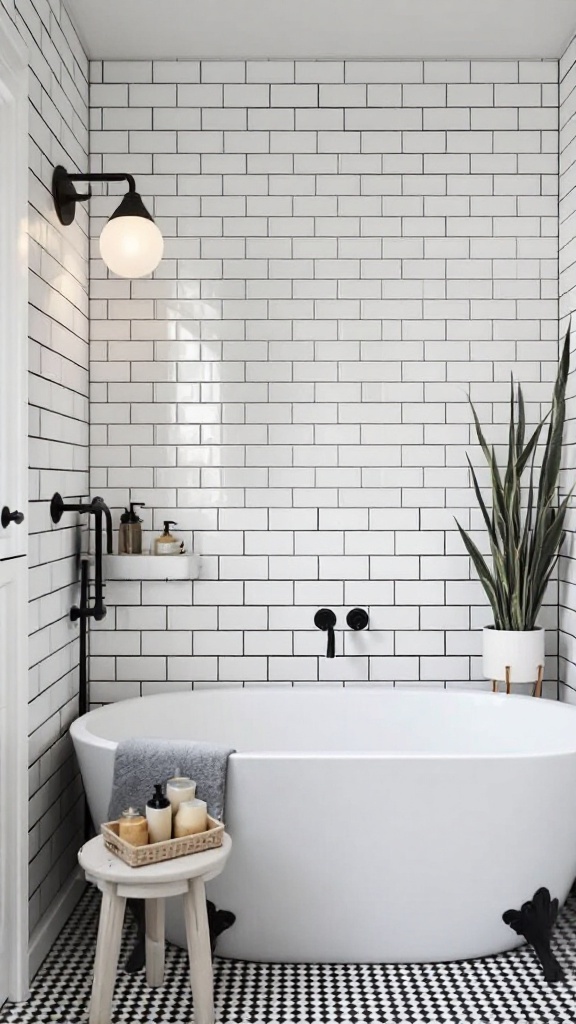 A bathroom featuring elegant subway tile accents with black accents and a freestanding bathtub.