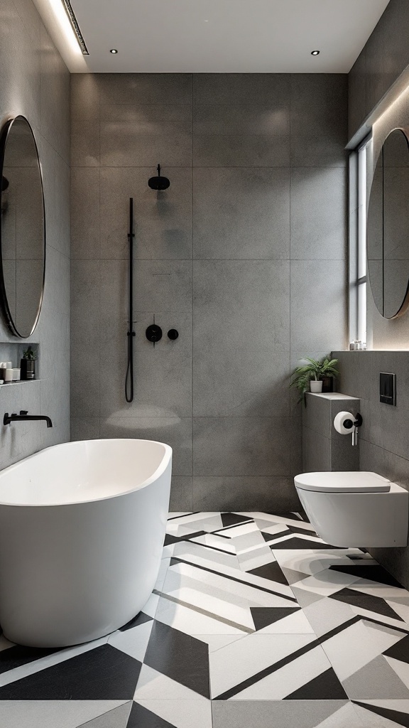 Modern bathroom featuring black and white geometric floor tiles