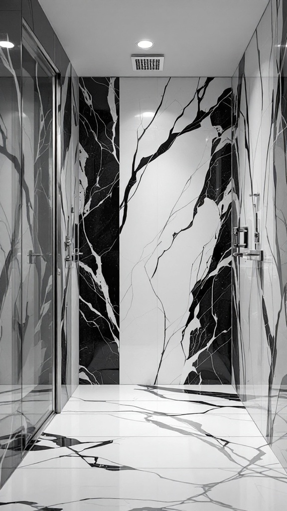 A modern minimalist bathroom with black and white tile walls and floor, showcasing elegant patterns.