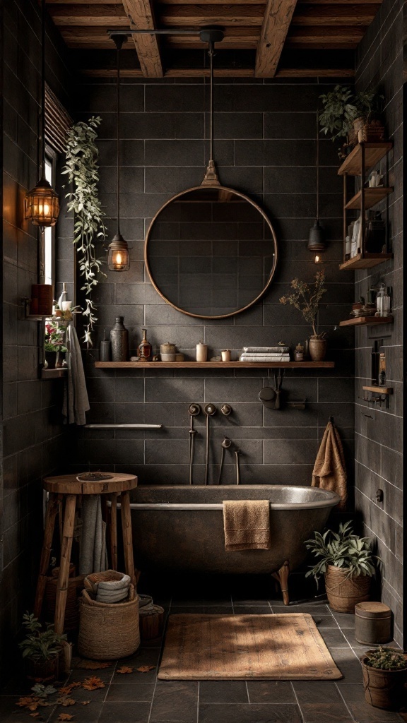 Rustic bathroom featuring dark brown tiles, wooden accents, and plants