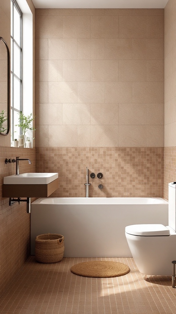 A modern bathroom featuring soft neutral colors and textured brown tiles, with a bathtub, sink, and natural decor.