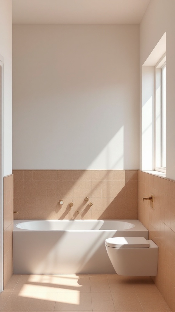 A bathroom featuring soft pastel colors and light brown tile accents, with natural light streaming in.