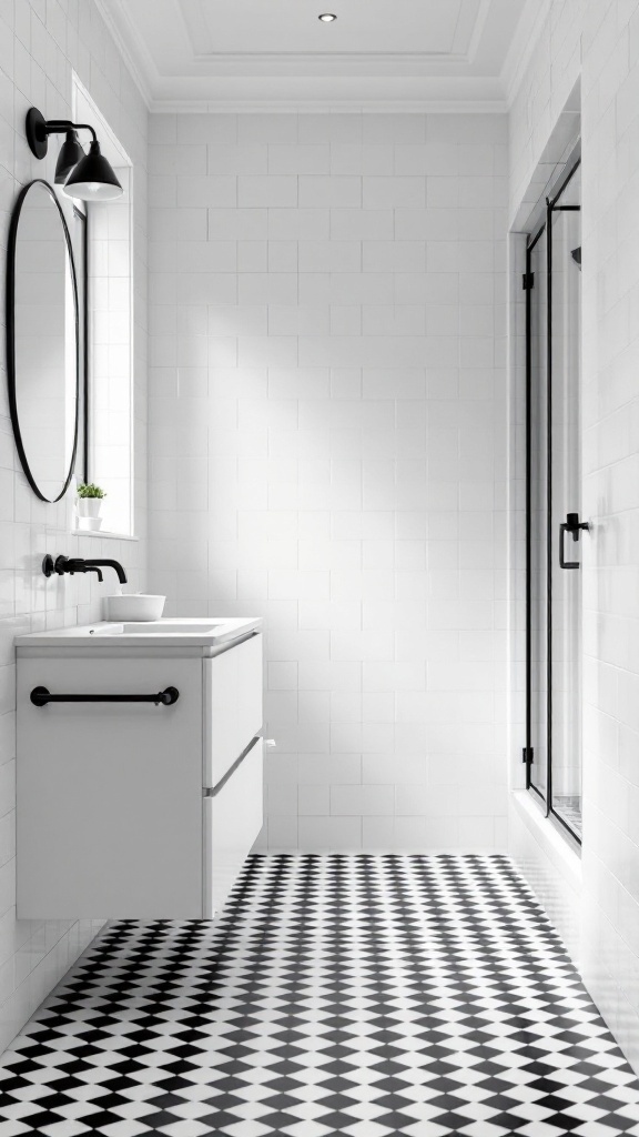 A modern bathroom featuring a black and white checkerboard tile floor with a sleek design.