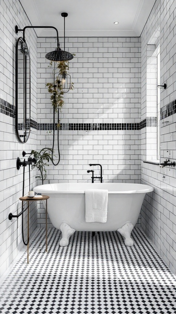 A stylish black and white bathroom featuring subway tiles and bold fixtures.