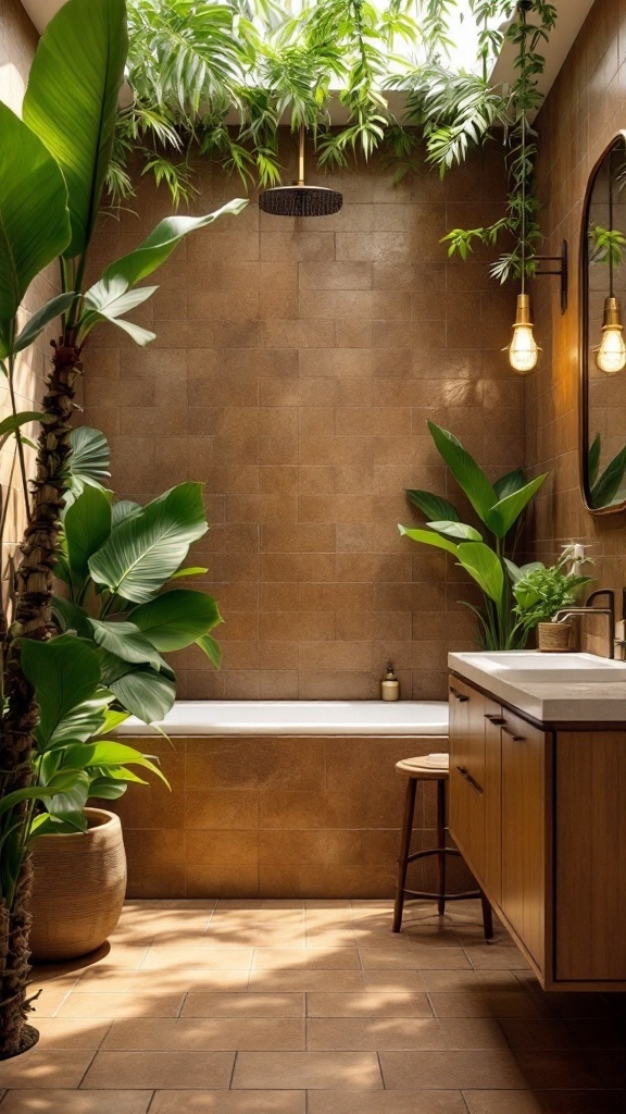 A modern bathroom featuring brown tiles, tropical plants, and wooden elements