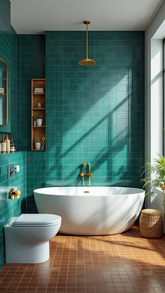 A bathroom featuring teal walls, brown tile flooring, a white bathtub, and plants