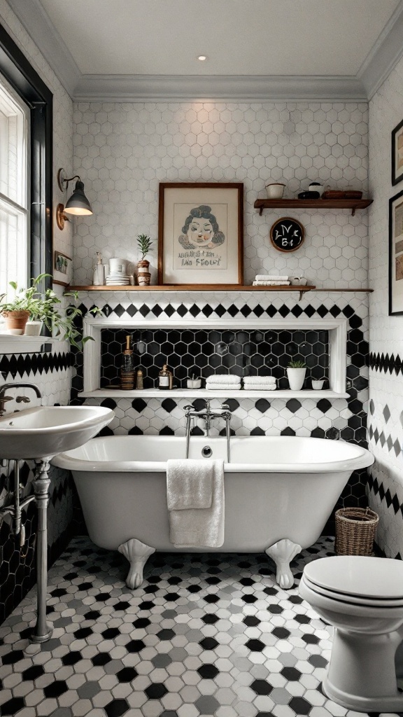 A vintage inspired bathroom with hexagonal black and white tiles, featuring a clawfoot bathtub, sink, and tasteful decor.