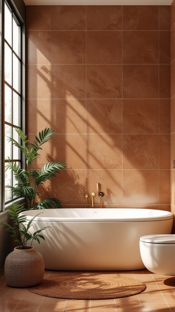 A cozy bathroom with brown tiles, a white bathtub, a plant, and natural light.