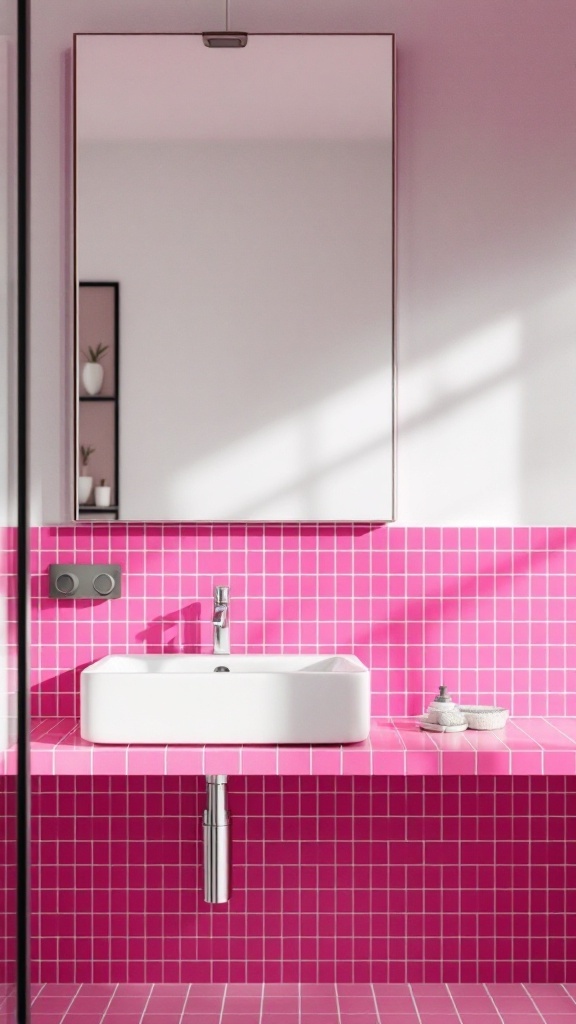 A modern bathroom featuring bold pink mosaic tiles, a white sink, and a sleek mirror.