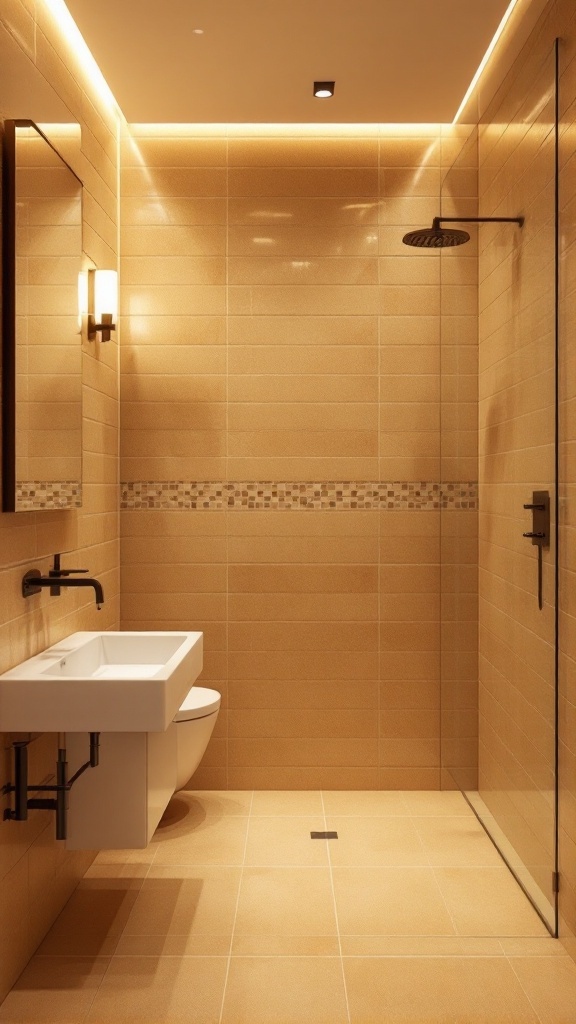 A modern tan tile bathroom with bright lighting, showcasing a shower, sink, and toilet.